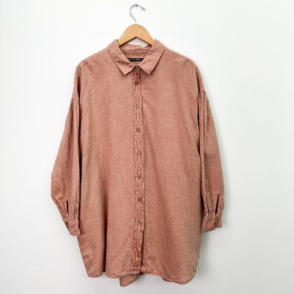 Gudrun Sjoden Women’s Linen Organic Cotton Blend Washed Out Red Button Front Tun - Picture 1 of 12